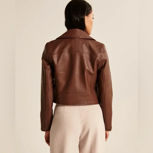NWT Abercrombie & Fitch Vegan Leather Moto Jacket in Dark Brown - Picture 5 of 9